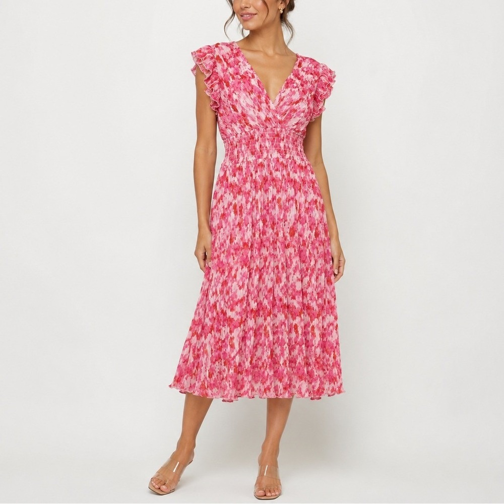 Chelsea 28 Pleated Midi Dress S Pink Red‎ Artful Petals Ruffle Smocked